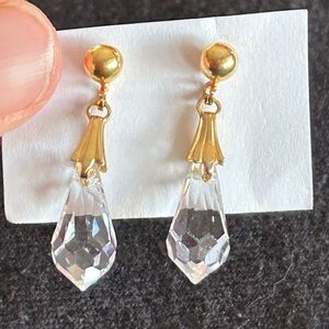 Vintage Faceted Crystal Pendulum Pierced Earrings with Gold Accents Dangle Drop